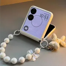 Luxury Korean ins Retro White Bow Pendant Pearl Bracelet Phone Case for For Motorola Razr 50 Ultra Moto Razr50+ Plus 2024 Cover
