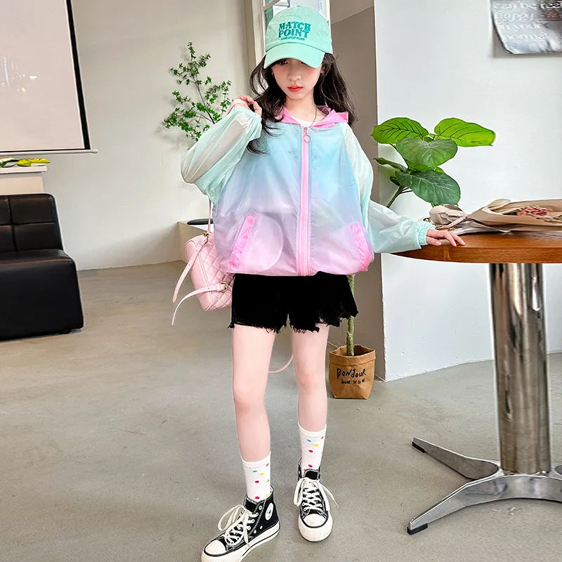 Girls Coat 2024 Summer New Childrens Clothing Foreign Air Conditioning Coat Fashion Gradual Change Skin Clothes Casual Simple