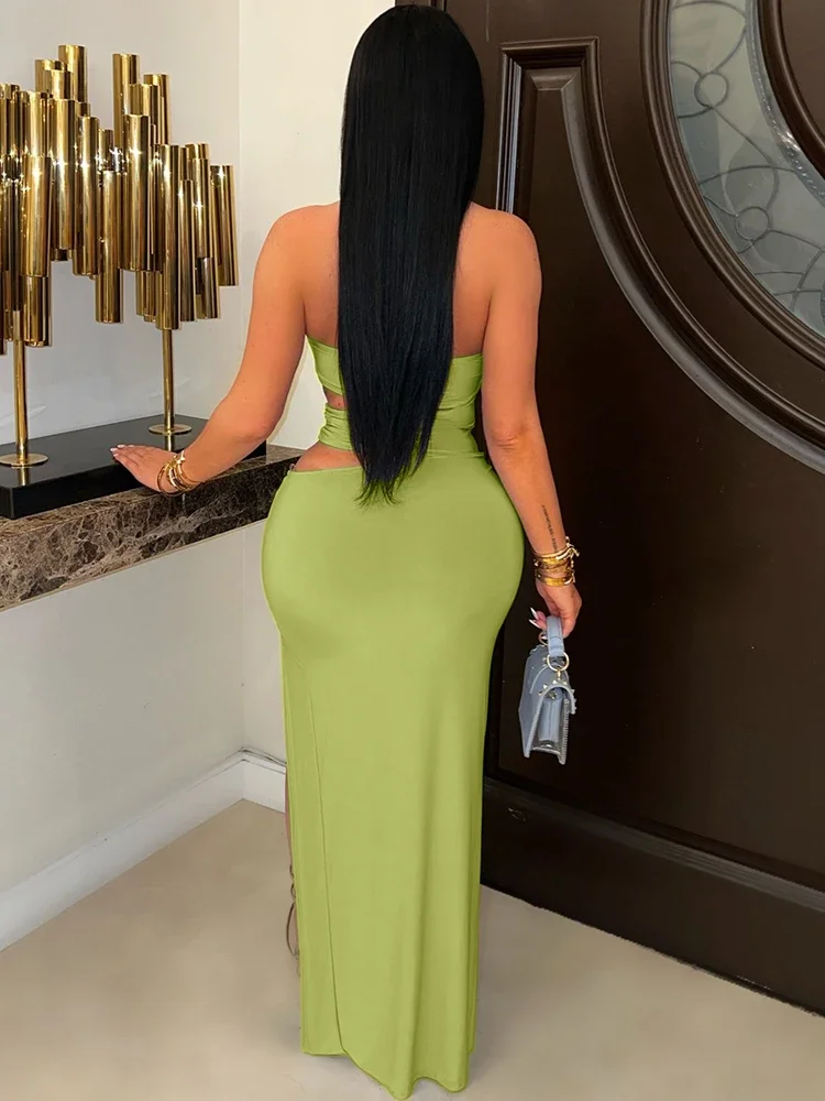 BWQ Women's Off Shoulder Cut-Out Snake Metal Long Dresses Glam Hollow Out High Slit Night Out Dress Female Vestido Clubwear 2025