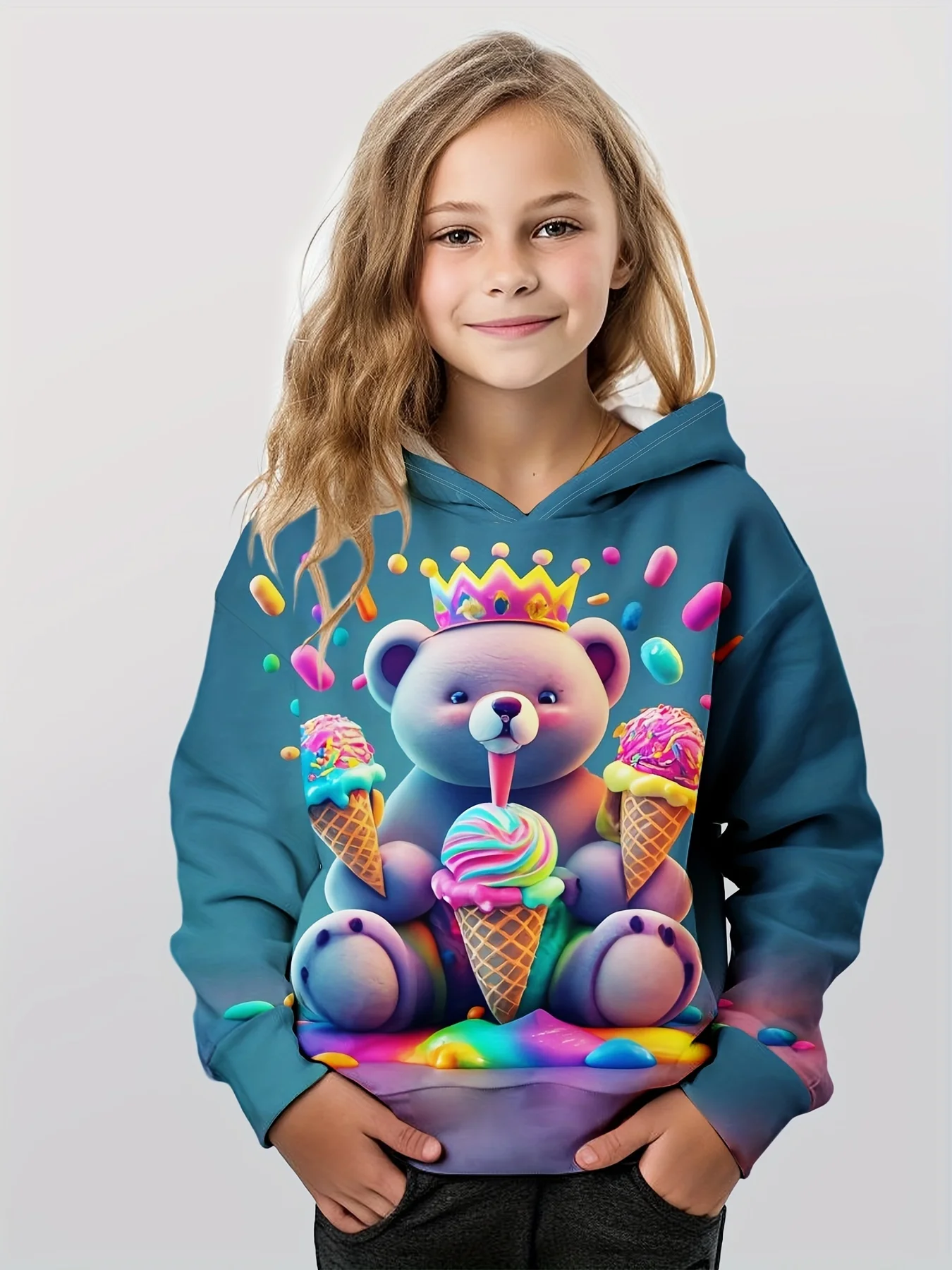 

Sweet Ice Cream Bear Graphic Hoodies 3d Print Hooded Sweatshirt Top For Girls Spring Fall Christmas Gift Sports