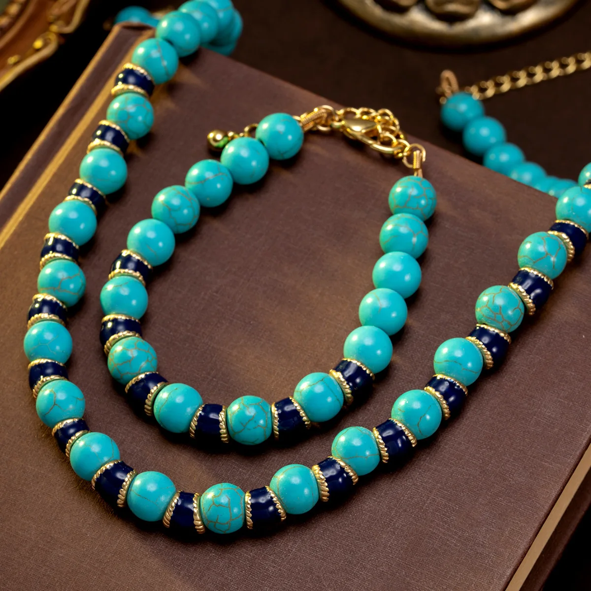 Fashion Beaded Turquoise Necklace Medieval Blue Enamel Ethnic New Chinoiserie Chinese Style Clavicle Chain