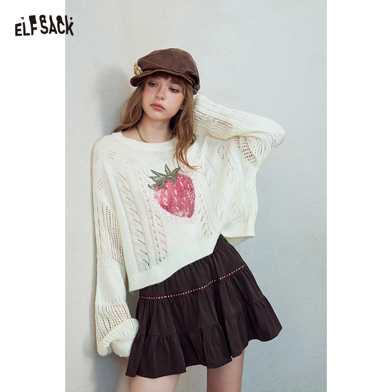 ELFSACK Women's Sweet Cropped Knitwear with Strawberry Print, Puff Sleeve Hollow Out Top, Cozy Casual White Knit Pullover