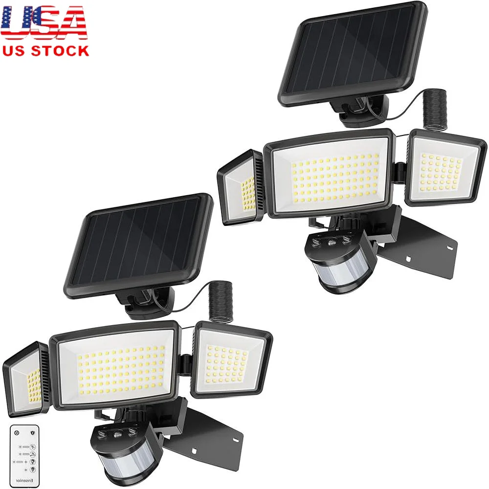 

5 Modes Solar Motion Sensor Security Light 1800LM Wide Angle 270° 3 Heads LED Flood Light IP65 Waterproof Wall Light