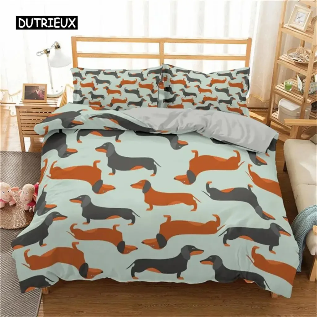 Cartoon Dachshund Bedding Set Cute Sausage Dog Duvet Cover Set Pet Puppy Printed Comforter Cover Animal Polyester Quilt Cover