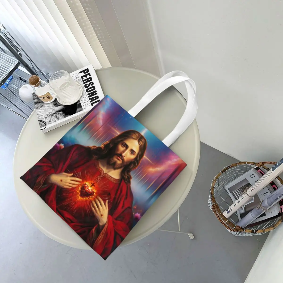 Holy Jesus Christ Sacred Heart Canvas Tote Handbag Religious Catholic Saint Grocery Bags Shopper Bags for Women