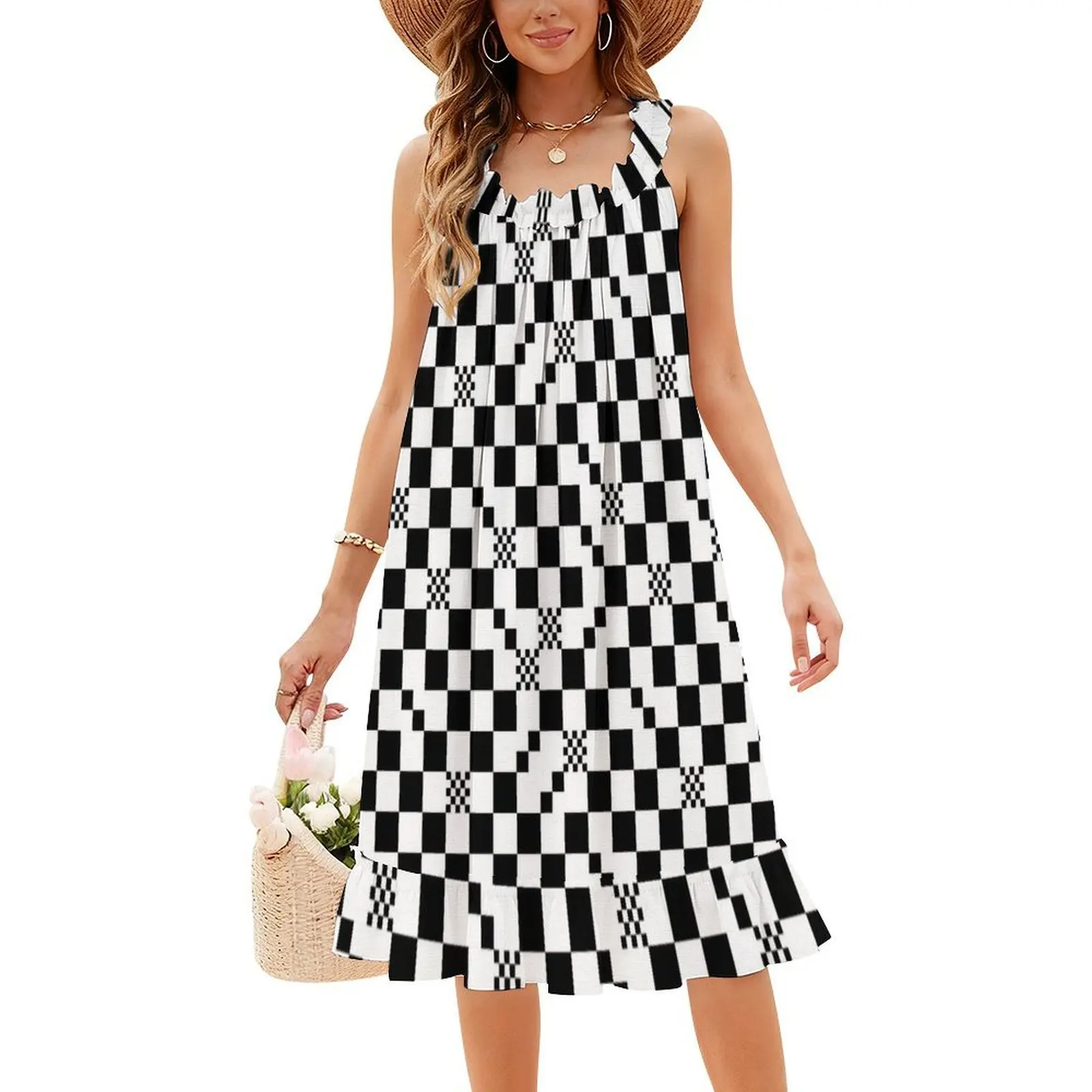 الشيكات في الشيكات // فستان بفتحة عنق على شكل قلب أبيض وأسود فستان حفلات صيفي أنيق للنساء نمط كر أسود و #4