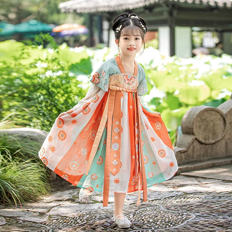 

Girl Folk Dance Performance Traditional Dress Tang Suit Ancient Chinese Costume Kids Fairy Floral Embroidery Hanfu Clothing