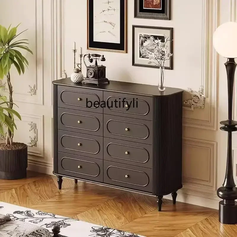 

French solid wood, bedroom black cabinet, light luxury American bedside storage, living room retro