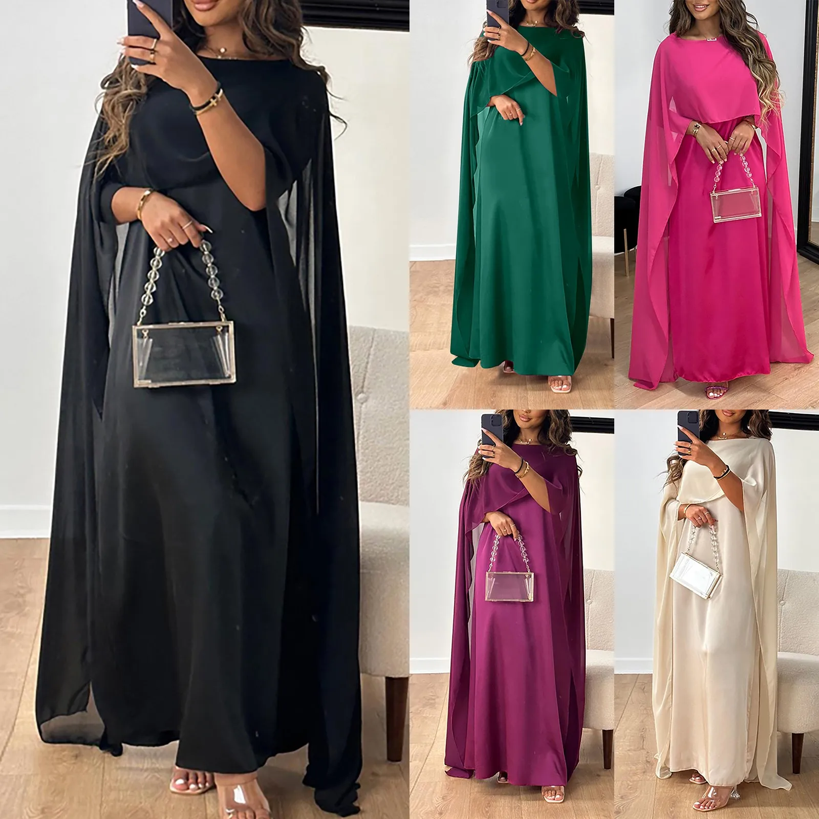 New Elegant Women Big Hem Long Dress Casual O Neck Solid Color Chiffon Loose Dress Muslim Ladies Shawl Sleeve Evening Dress Robe