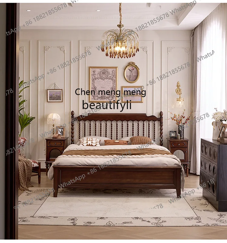 X Medieval style full solid wood bed master bedroom double bed, bedroom furniture high column bed, simple