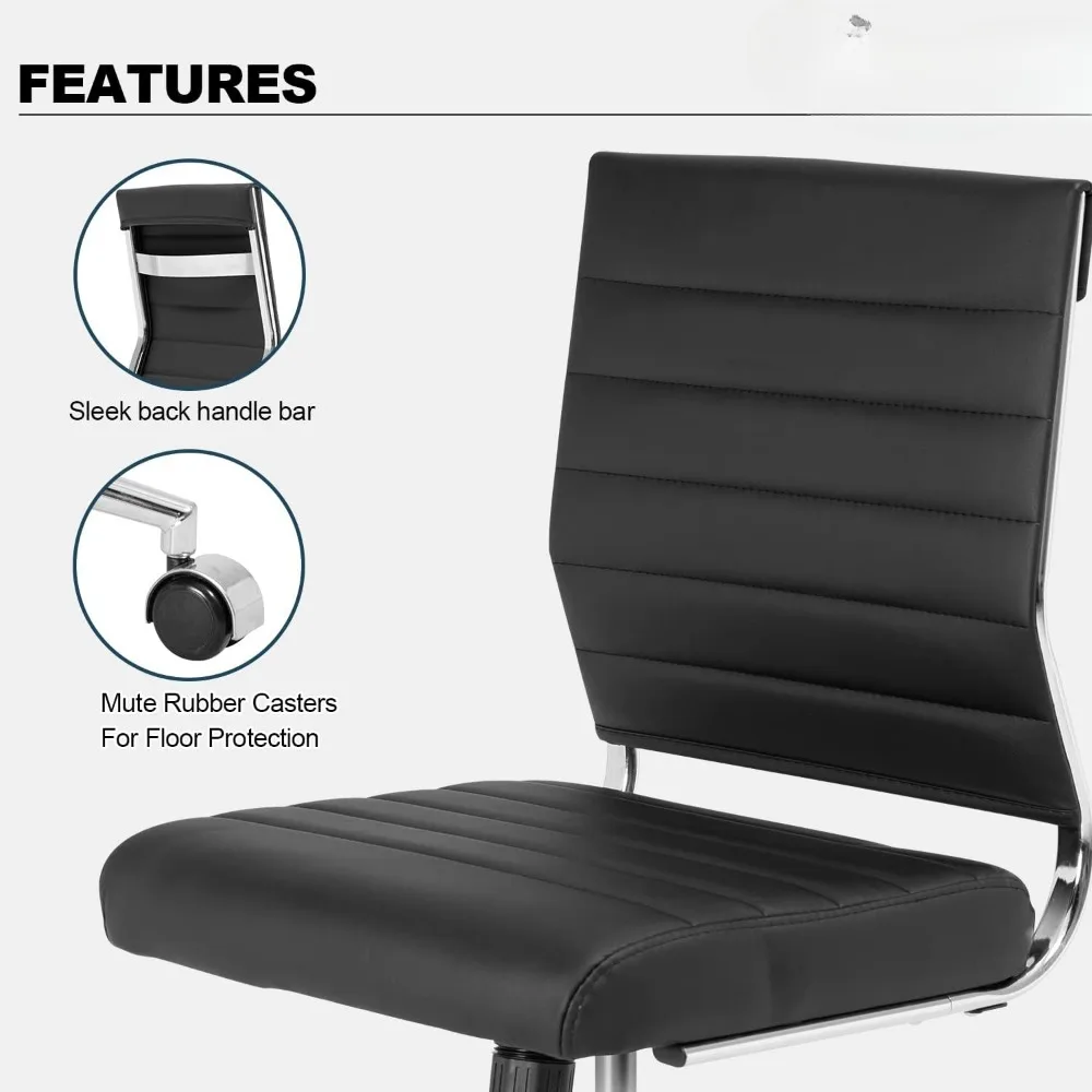 mless Office Desk Chair, Mid Back Leather Conference Room Chairs Without Armrests, Modern Office Chair Ribbed.