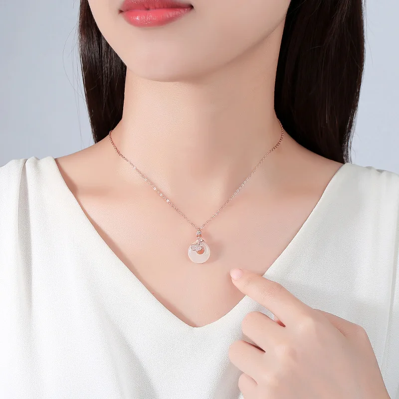 San Sheng Lucky Sterling Silver Necklace China-Chic Ethnic Style Apricot Leaf Zircon Collar Chain Ins Safety Buckle Jade Pendant