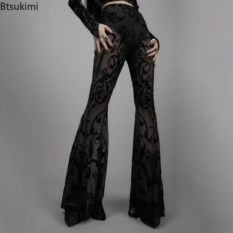 

Gothic Black Pants Women Streetwear Fashion Lace Splice See Through Sexy Trousers Vintage Harajuku High Waist Flare Pants Femme