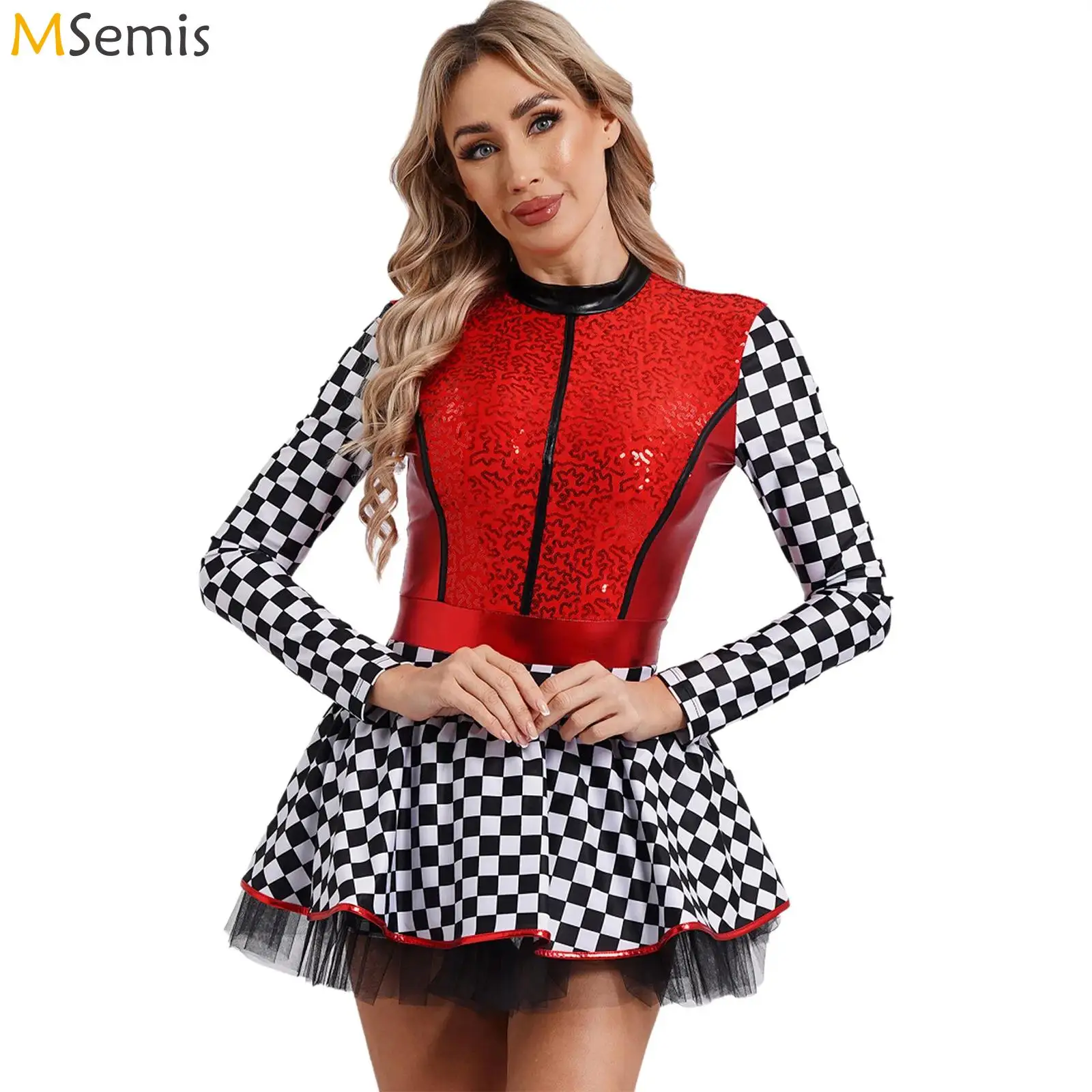 

Women Checkerboard Speed Racer Cosplay Costume Dress Halloween Cos Sequins A-line Tutu Tulle Leotard Skirt Driving Vintage Dress