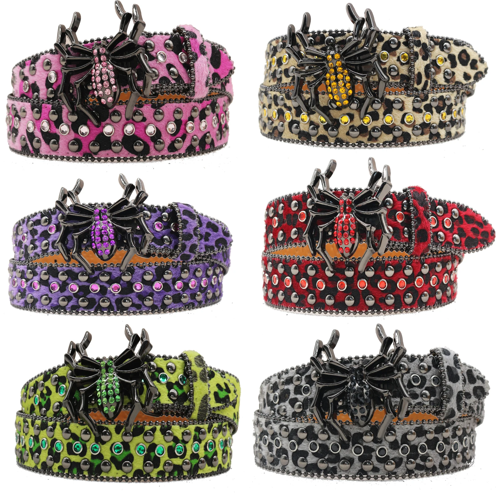 حزام جديد من حجر الراين العنكبوتي بطباعة الفهد، حزام برشام جينز على طراز الهيب هوب الأوروبي والأمريكي Y2K، حزام بإبزيم عنكلي كبير.