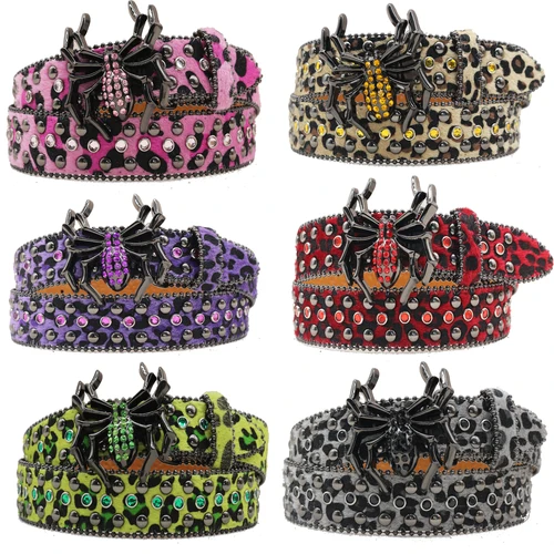 Nuevo cinturón de diamantes de imitación de araña con estampado de leopardo, cinturón con remaches de jeans estilo hip-hop Y2K europeo y americano, cinturón con hebilla de araña grande.