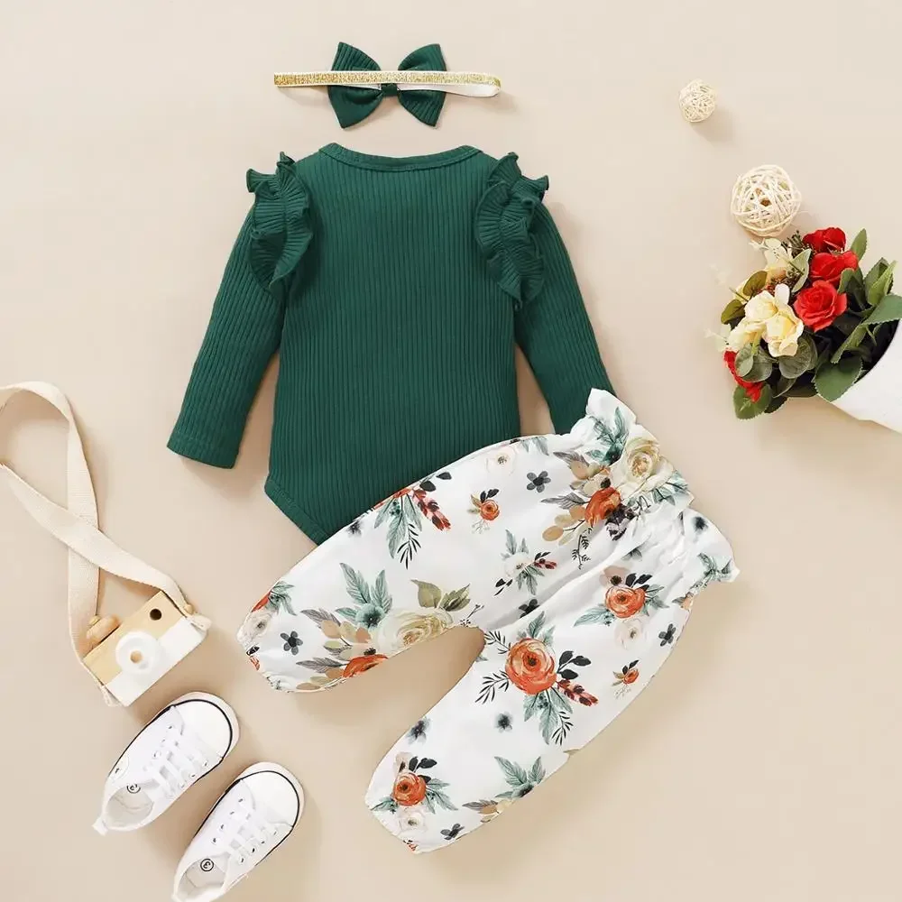 0-24M Newborn Cute Baby Girls Clothes 3Pcs Set Ruffle Romper Infant Spring Autumn Toddler Outfit Long Sleeves Bow Pants Headband