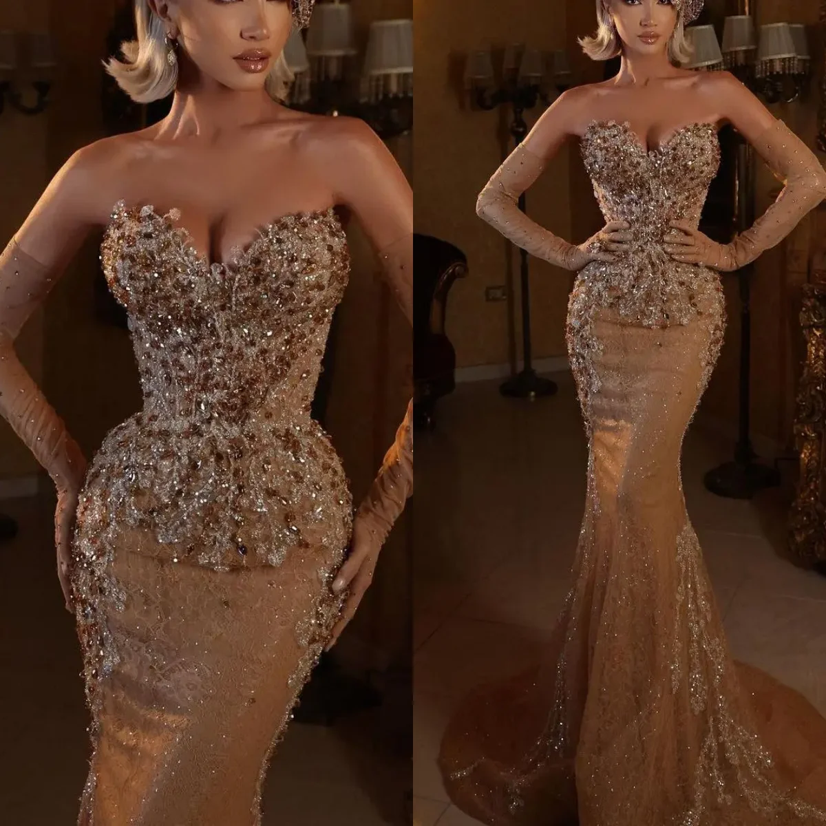 

Glitter Sequins Sweetheart Prom Gowns Sleeveless Sweep Train Mermaid Evening Dresses Crystals Fomal Party Custom Made