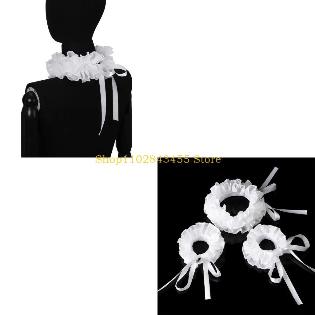 49MC Renaissances Clown Choker Faux Collar White Ruffled Neck Accessory and Wrist Cuffs for Masquerades and Dress Up Event