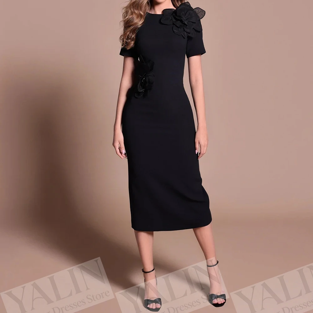 

Women's Straight Evening Dresses Tea-length O-neck Short Sleeve Prom Gown Simple Fashion Flowers Casual Customized Gowns