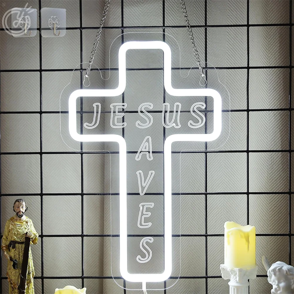 Cross Neon Sign LED Jesus Cross Wall Decor USB Powered for Bedroom Christening Baby Shower Decor Christian Symbol Neon LED Light