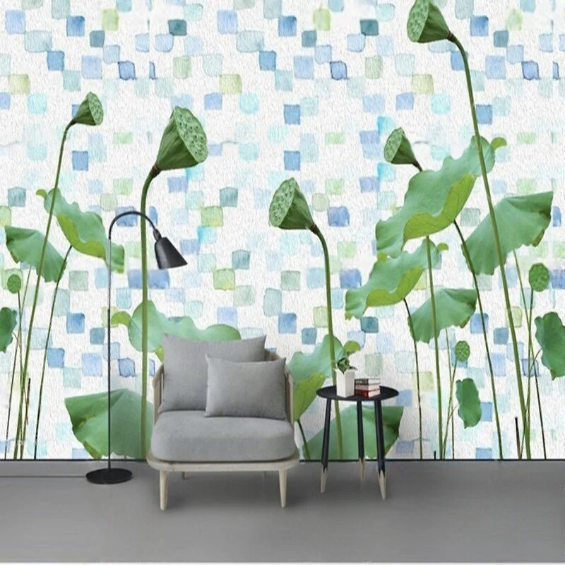 Modern Geometric Abstract Aesthetic Watercolor Lotus Leaves And Lotus Pods Country-Style Retro Rural Living Room Library Mural