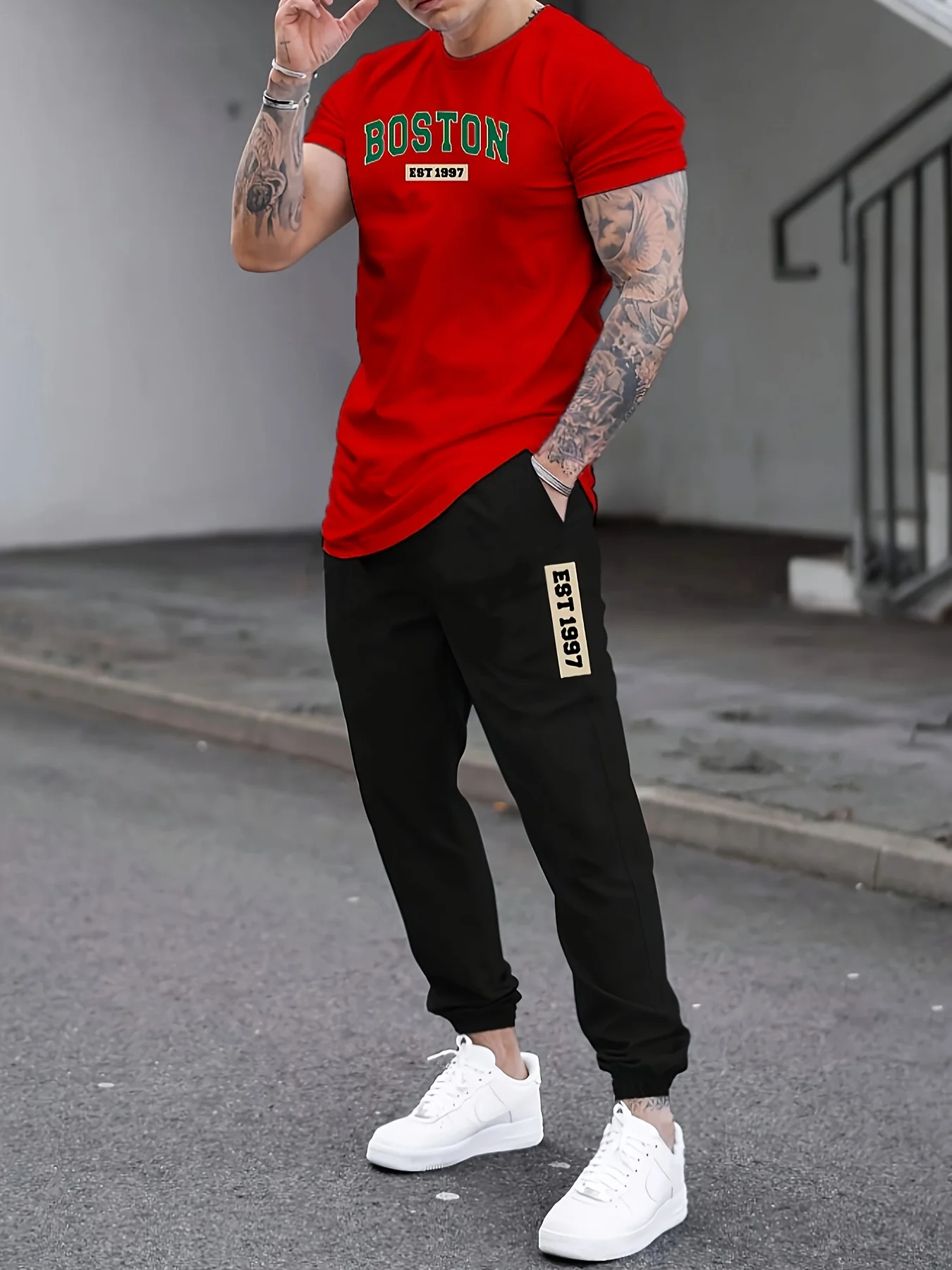 

Men’s Autumn Set Luxury Fashion Casual Street Boston Letter Print Comfort Minimalist Breathable Quick Dry Tee Drawstring Pants