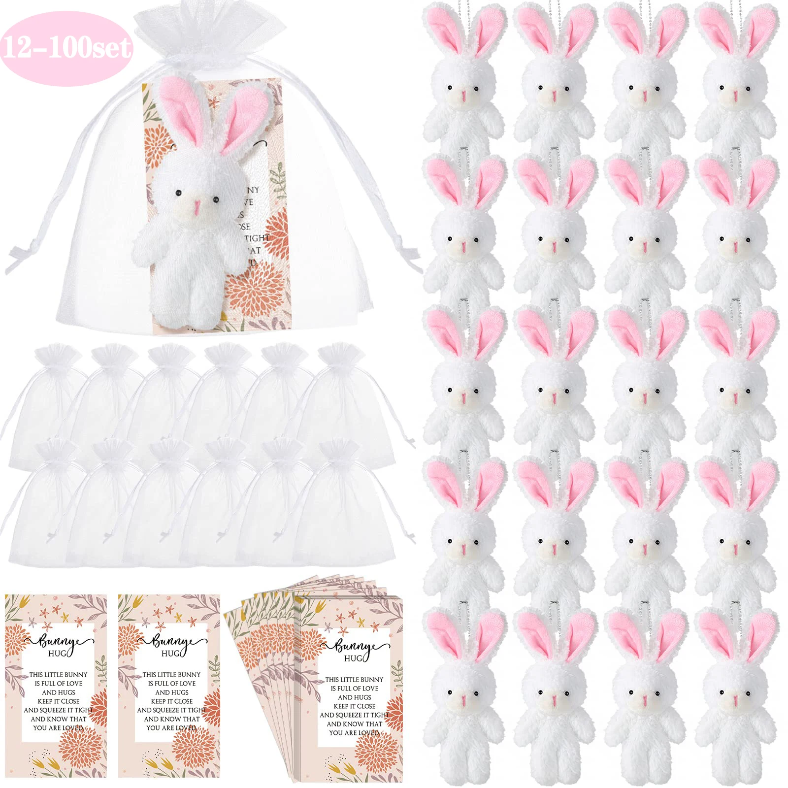 12-100 Sets Bunny Stuffed Animal Gift Mini Plush Stuffed Doll Hug Card with Organza Bags for Teacher Student Easter Party Favors