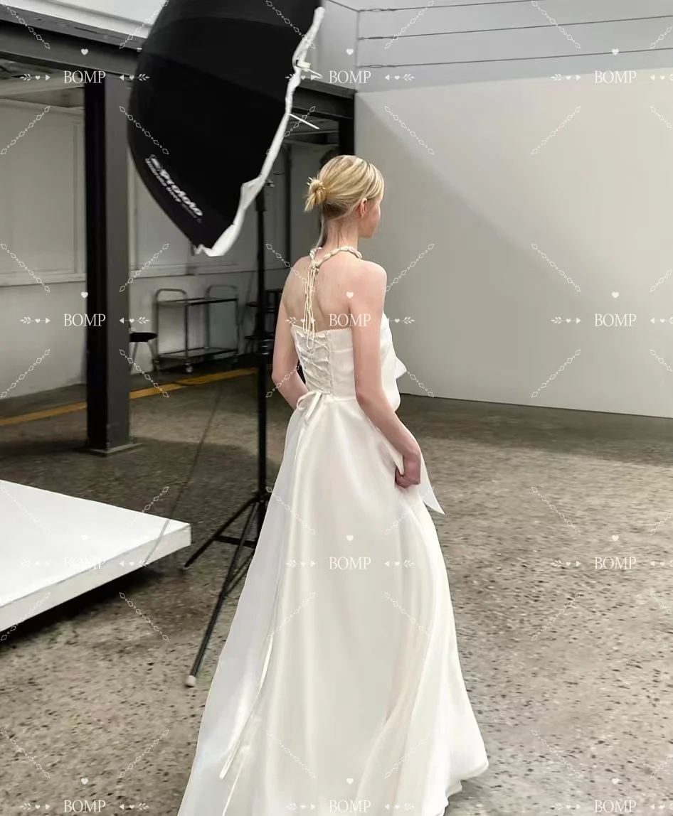 BOMP Simple Ivory Wedding Party Dress Strapless Sweep Train A-Line Korea Photo Shoot Bridal Reception Gown Customized 웨딩드레스