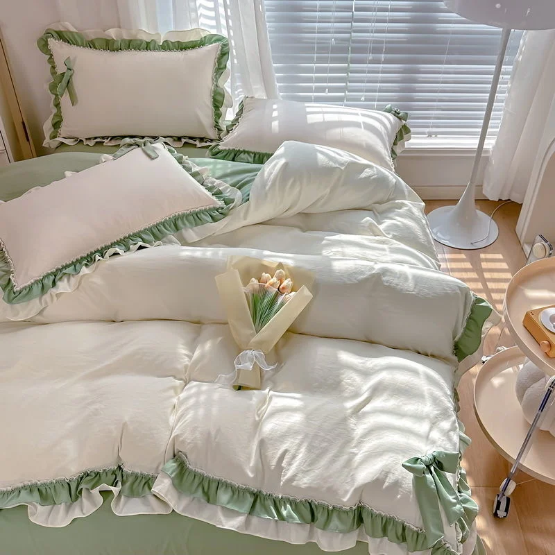 Imagem -04 - Primavera Verde Princesa Bedding Conjunto Double Layer Lace Bow Quilt Capa Folha e Fronha Simples Pastoral Menina Home Textiles