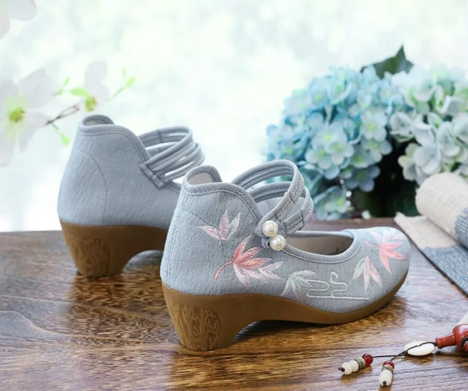 Women Ankle Button Strap Pumps Ethnic Embroidery Mary Jane Dress Shoes Mid Heel Cotton Fabric Espadrilles Vintage Sandals