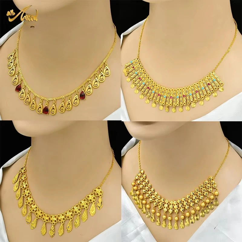 ANIID Dubai 24K Gold Plated Tassel Necklace For Women Bride Crystal Jewellery Italian Wedding African Party Gifts Wholesale