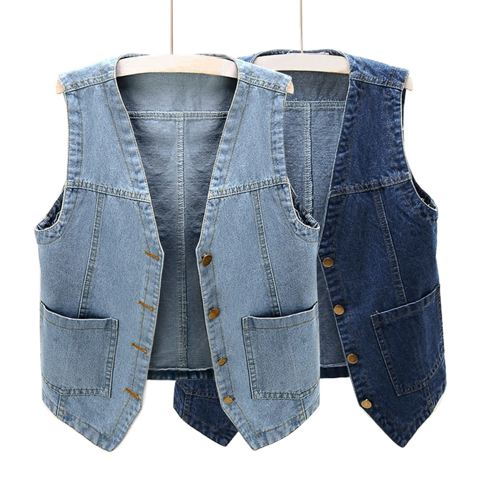 Women Sleeveless Denim Vest V Neck Button Jean Jacket Double Pocket Design Jean Vest Streetwear Outfits Chalecos Para Mujeres