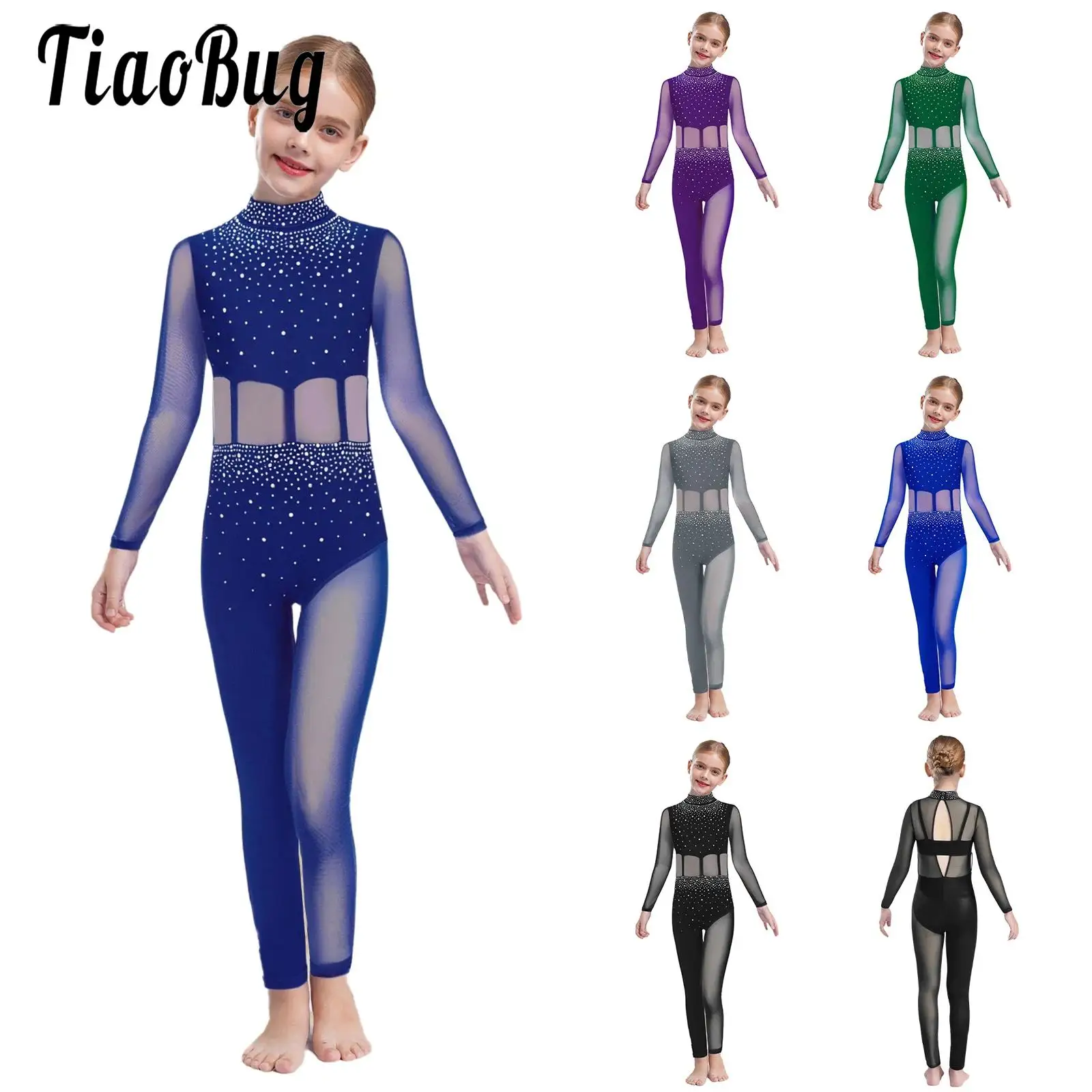 Kids Girls Acrobatics Gymnastics Leotard Figure Skating Jumpsuit Performance Costume Long Sleeve Rhinestones Sheer Mesh Bodysuit