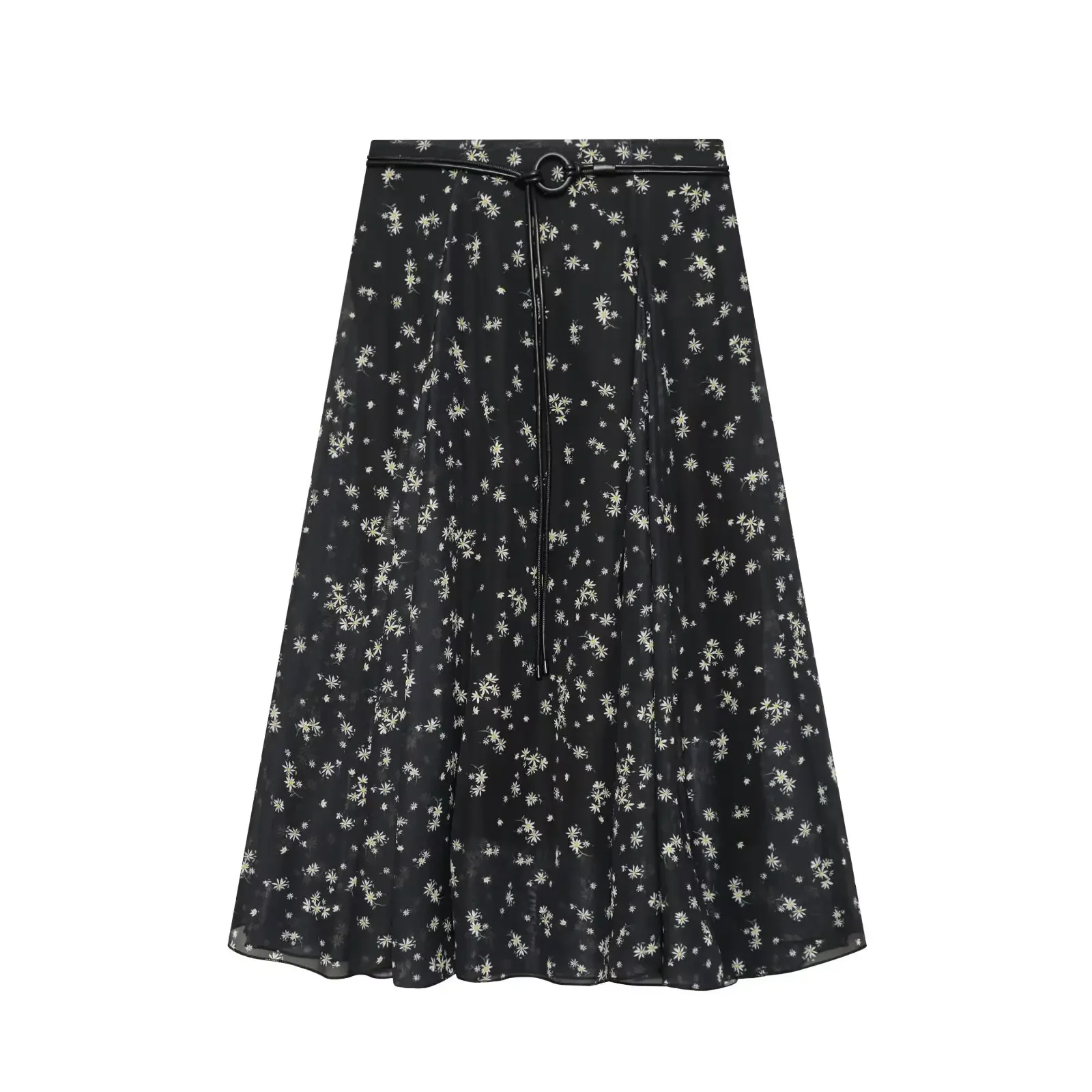 New Fashion Women Elegant Floral Print Belt Tulle Skirt Womens Summer High Waist Pleated Maxi Skirt