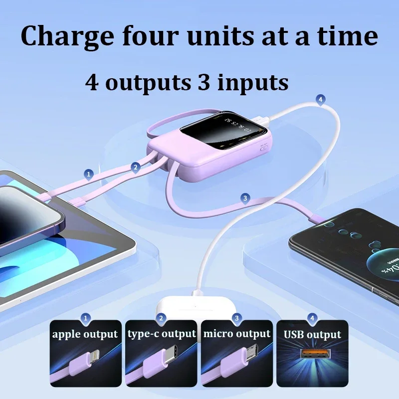 20000mah portable mini power bank PD20W fast charging built-in 4-wire large capacity suitable for iPhone Samsung Huawei Xiaomi