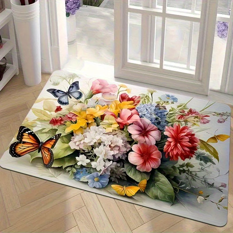 1pc Floral Butterfly Floor Mat - Non-Slip Mat with Soft Floral Pattern, Indoor/Outdoor Entryway Mat for Living Room, Bedroom