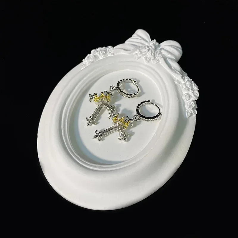 MDL Moissa!ite نمط كامل الماس تاج الصليب مجموعة الرجال والنساء مطلية بالذهب الرجعية شخصية الأزياء زوجين الملحقات #2