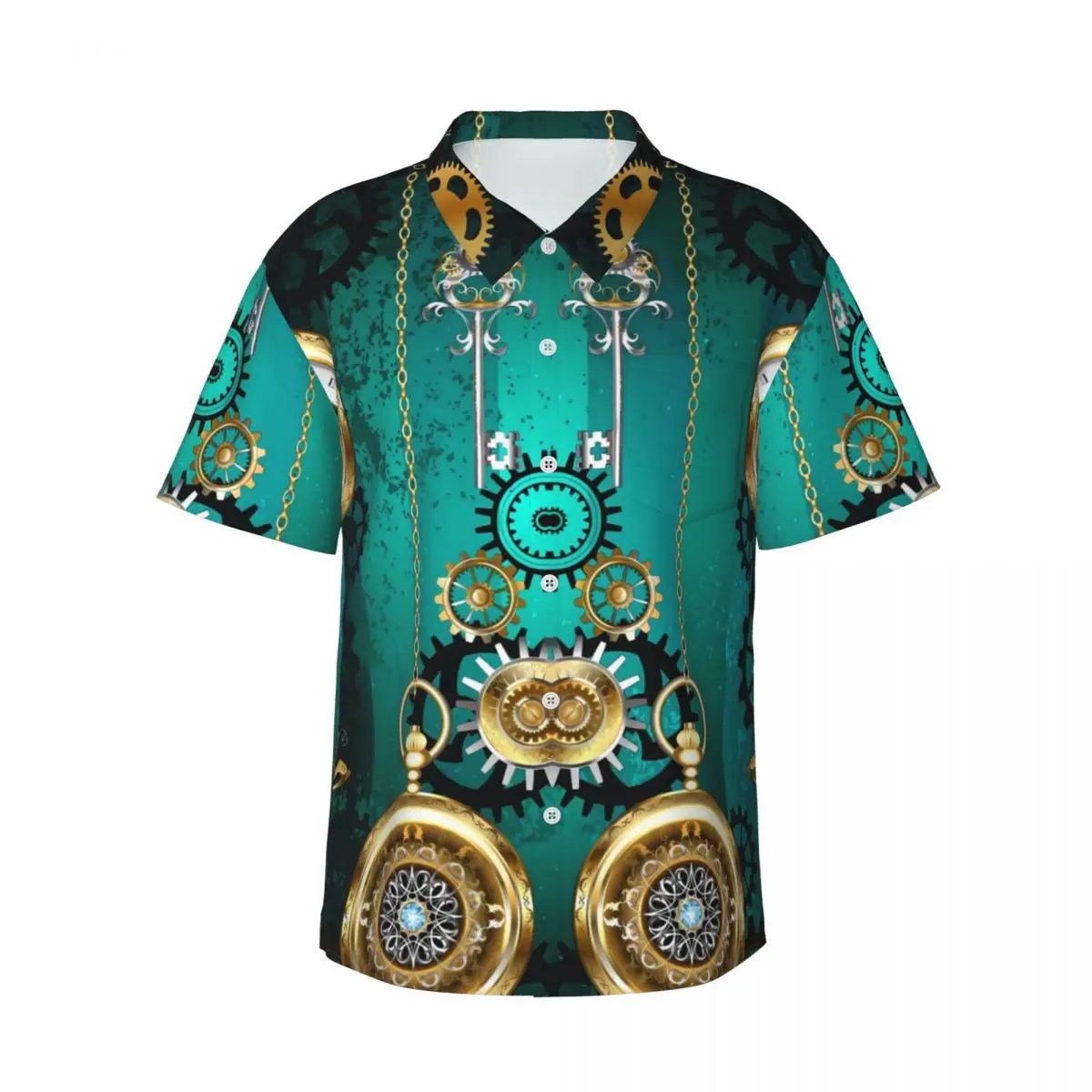 

Hawaiian Shirt Beach Steampunk Print Blouses Jewelry Watch Loose Casual Shirts Men Short Sleeve Harajuku Clothing