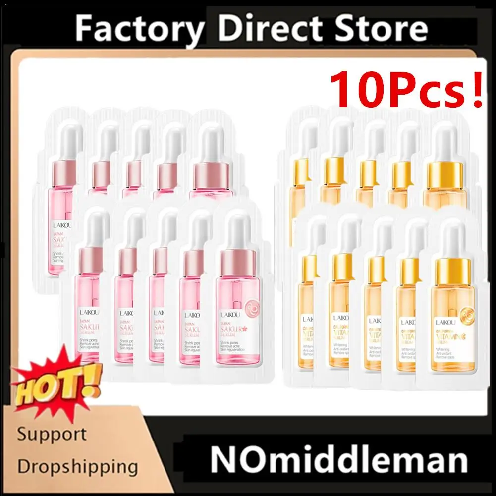 10pcs Moisturizing Face Serum Nourishing Rejuvenation Skin Serum Shrink Pore Smoothing Face Skin Care Travel Size 1ml Hot