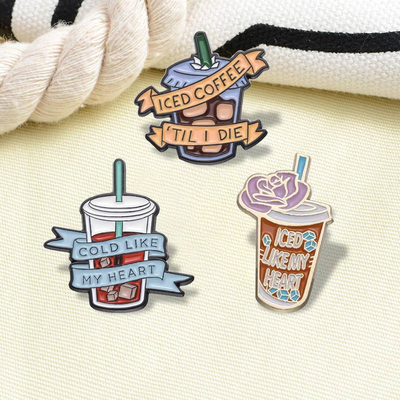 Powered By Iced Coffee Enamel Pins Custom Morning Wine Brooches Lapel Badges Funny Coffee Mind Jewelry Gift for Kids Friends