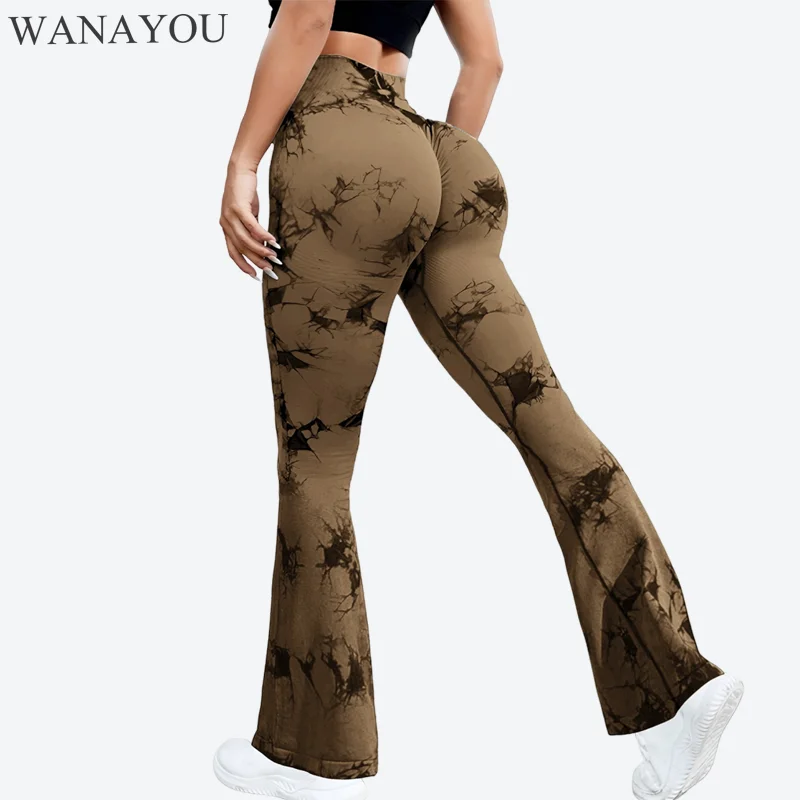 

WANAYOU Women's Seamless Tie Dyed Wide Leg Pants Workout Gym Pants High Waist Hip Lifting Training Flared Pants Yoga Pants