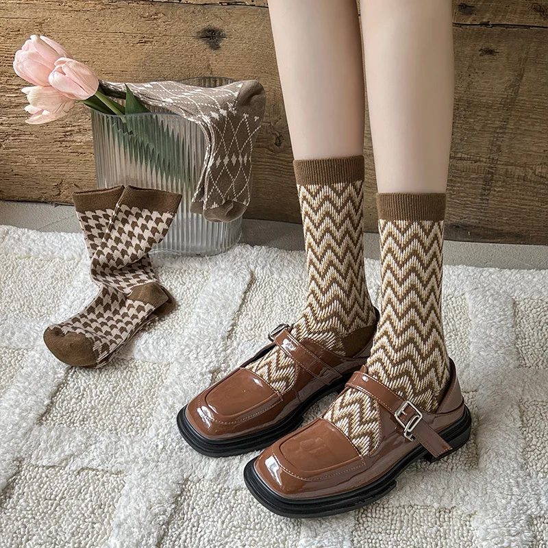 1/5 Pairs Winter New Retro Contrasting Color Personalized Pure Cotton Long Tube Socks Casual and Comfortable Mid Tube Socks