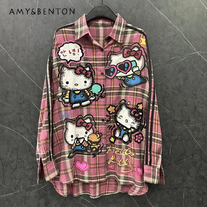 

Autumn Heavy Industry Cartoon Plaid Shirt Women's Loose Casual Age-Reducing Top Long Sleeved Single-Breasted Loose Blouse Jacket