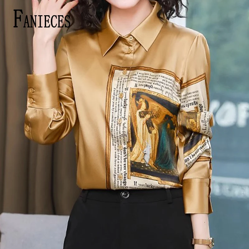 

FANIECES Women's Luxury Tops Mark Silk Blouse Spring Long Sleeve Vintage Print Female Shirt Chemise Femme De Luxe Camisas Mujer