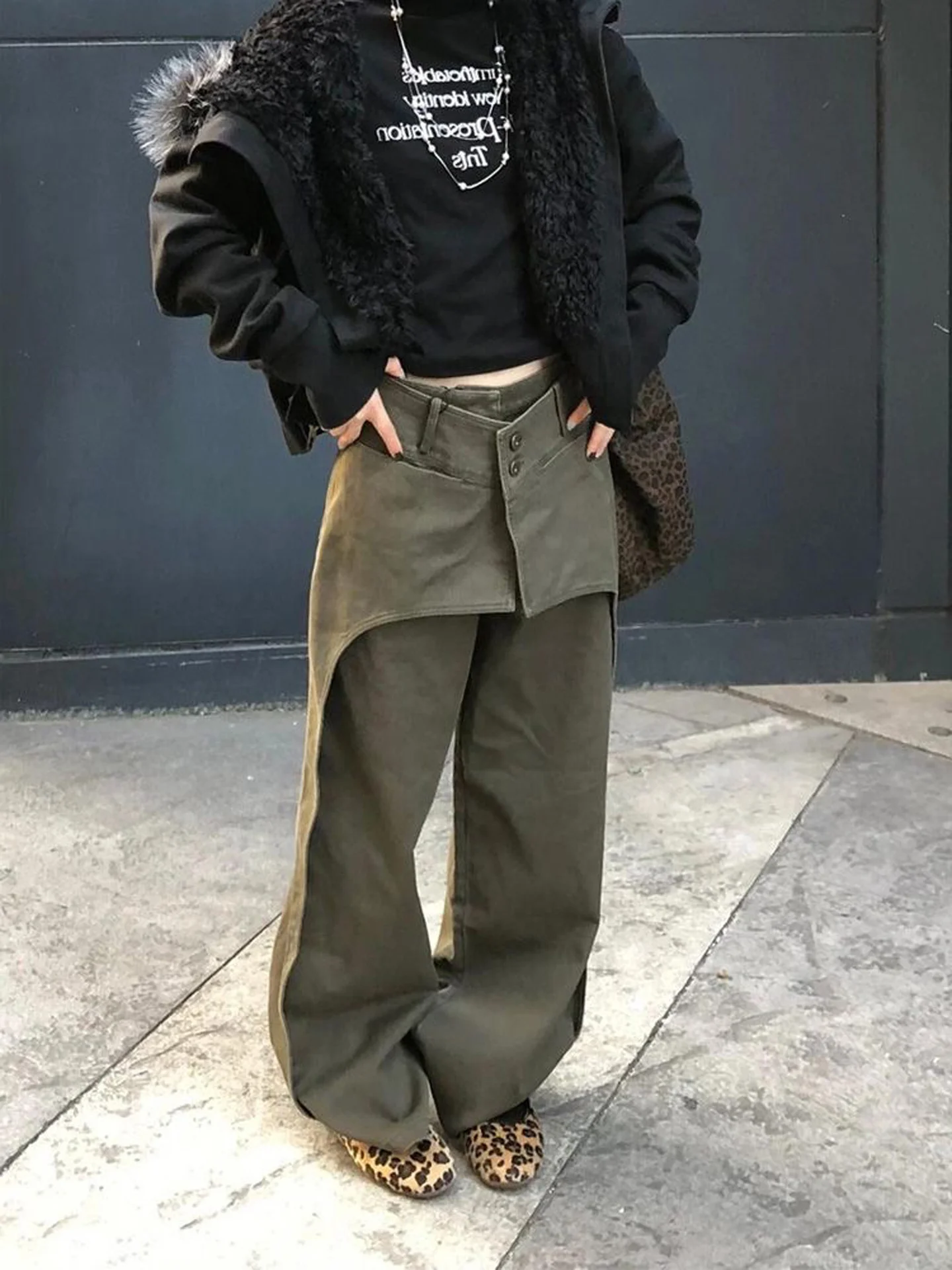 American Style Patchwork Workwear Denim Pants Women's Autumn New Style Spicy Girl Deconstructed Design False Two-Piece Floor-...