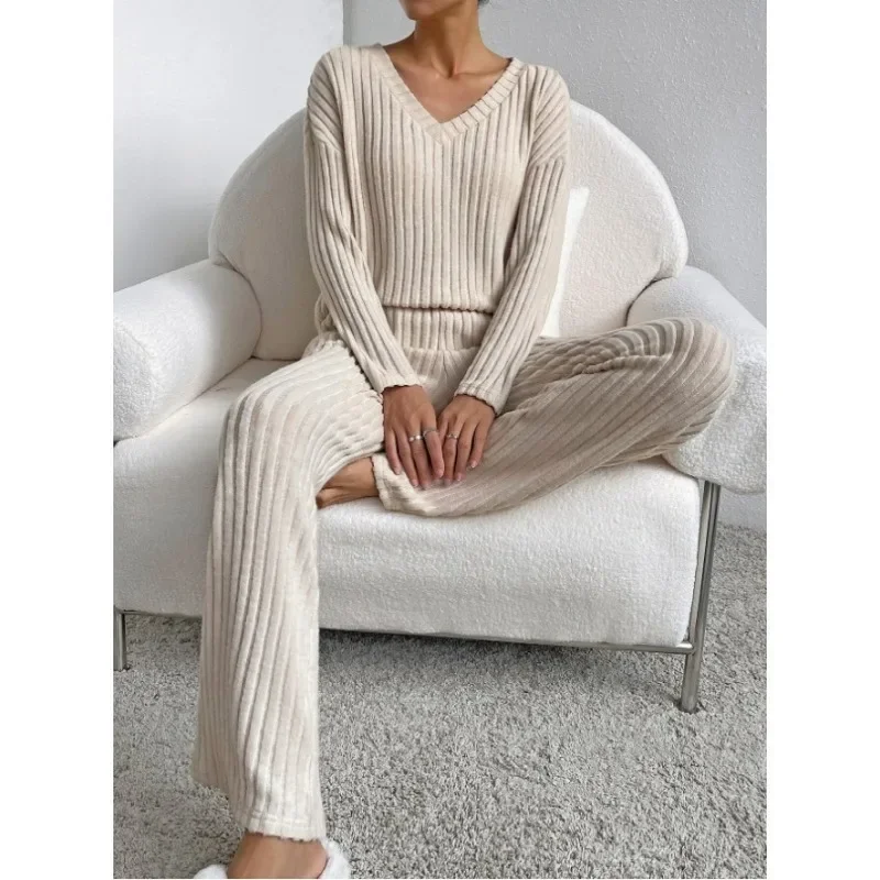 2024 Women's Solid Casual Loose V-Neck Tops Pants Sets Autumn Two Pieces Suit Ladies Full Trousers Set Female Outfit Homewear image 5