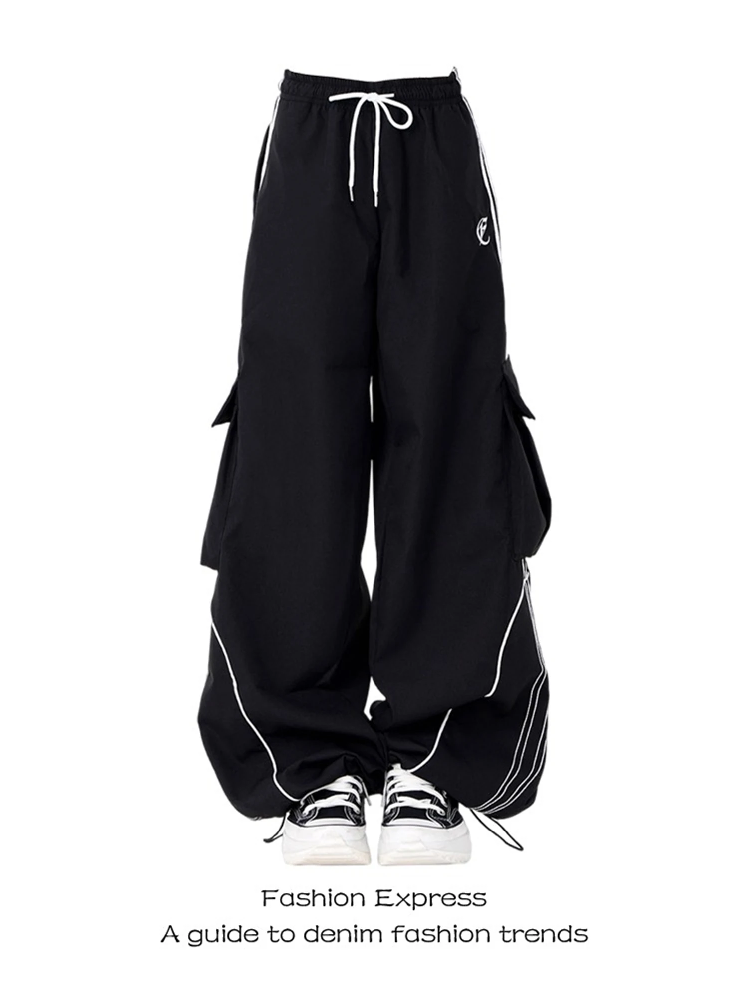 Y2K Women's Wide Leg Cargo Pants 2025 New Fashion Drawstring Waist Side Stripes Multiple Pockets Casual Streetwear Trousers