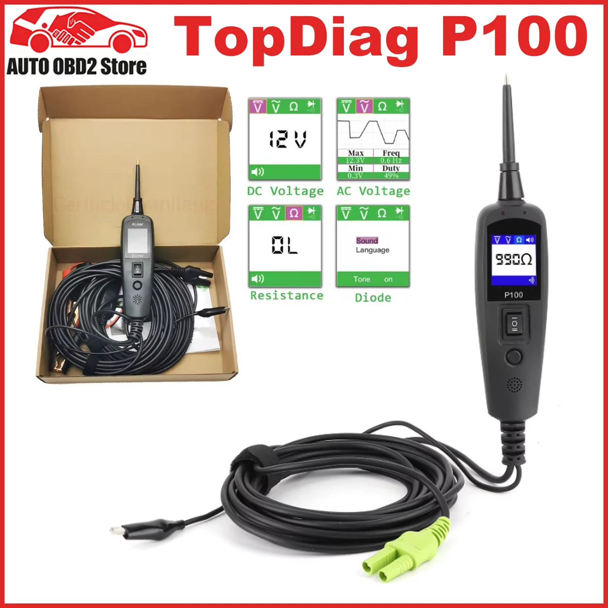 TopDiag P100 Car Electrical Circuit Tester Automotive Power Scan Probe Circuit Kit 12V 24V Battery Tester Diagnostic Tool 2m