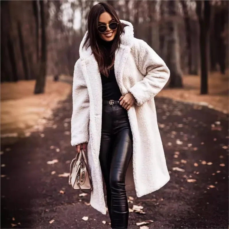 

Autumn Winter Fashion Plush Warm Long Jacket Casual Solid Color Long Sleeve Loose Wool Hooded Jacket Commuting Women's Clothing